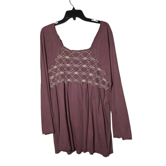 Roaman's Purple Embroidered Long Sleeve Babydoll Tunic Top Size Large Boho Flowy - Picture 2 of 8